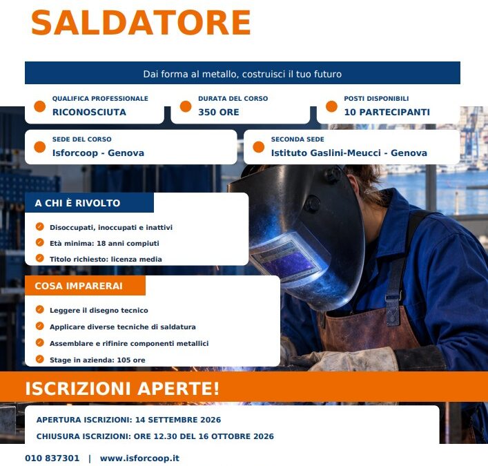Progetto M.A.R.T.E. – Mestieri Artigiani per la Rigenerazione Territoriale ed Economica – DIVENTA SALDATORE SPECIALIZZATO